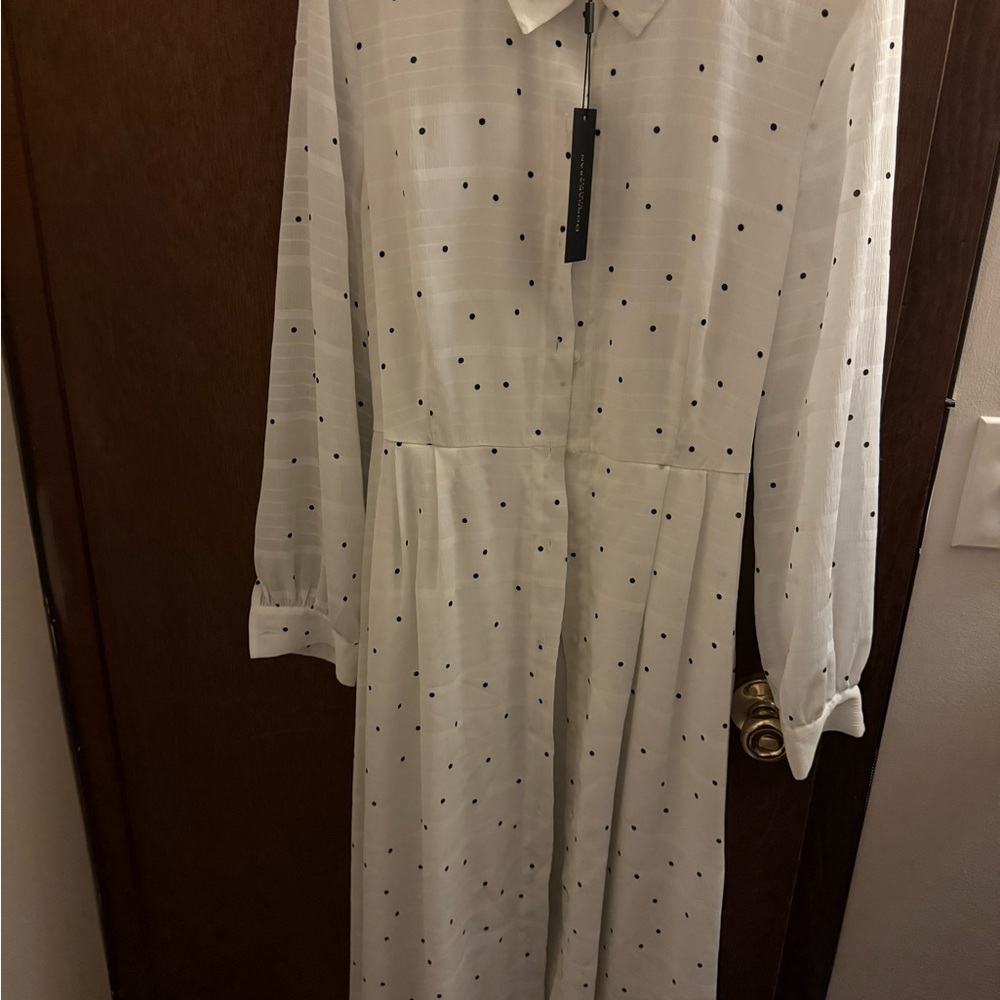 Donna Karan Cream Long Sleeve Pleated Shirt Dress DKNY new with Tags Polka Dot - Picture 3 of 4